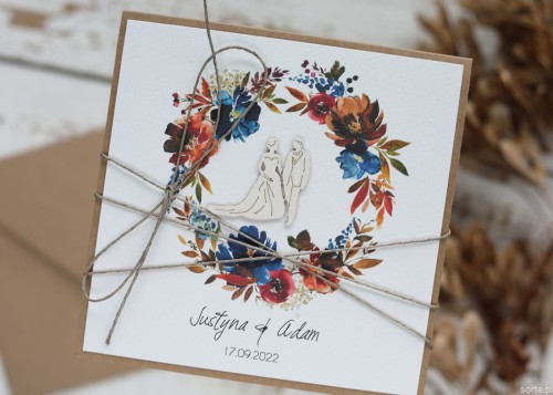 Kartka ślubna, na ślub boho ręcznie robiona z imionami - jesienny ślub, jesienią SORTE.pl