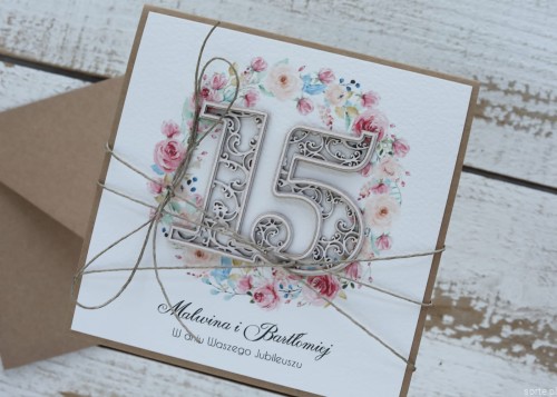 Personalizowana ręcznie robiona kartka życzenia na 15 rocznicę ślubu - rocznica ślubu - kryształowe gody SORTE.pl