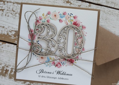 Personalizowana ręcznie robiona kartka życzenia na trzydziestą rocznicę ślubu - prezent z okazji 30 rocznicy ślubu SORTE.pl
