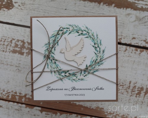 Oryginalne i wyjątkowe ręcznie robione zaproszenia na bierzmowanie z gołąbkiem w wianku