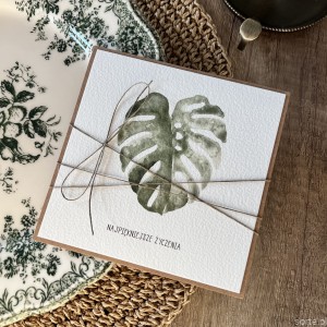 Ręcznie robiona kartka okolicznościowa liść monstera najpiękniejsze życzenia