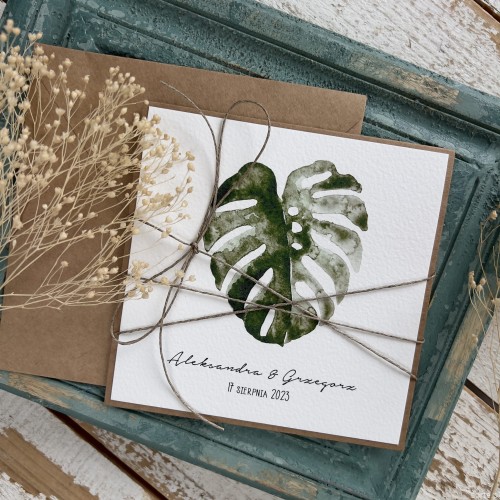 Personalizowana kartka ślubna ręcznie robiona, życzenia na ślub - monstera