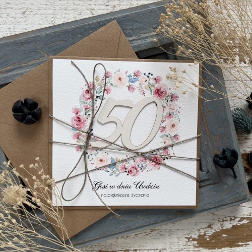 Personalizowany prezent - Wyjątkowa kartka ręcznie robiona na 50 urodziny pomysł prezent na pięćdziesiątkę z personalizacją dla kobiety + personalizowane najpiękniejsze życzenia urodzinowe