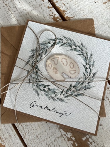 Ręcznie robiona kartka gratulacje z okazji uzyskania absolutorium obrony pracy licencjackiej, magisterskiej, doktorskiej dla plastyka, artysty