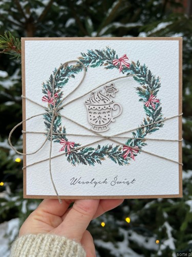 Wyjątkowa stylowa kartka ekologiczna świąteczna + najpiękniejsze życzenia na Boże Narodzenie świąteczny wianek i deser - dekoracja