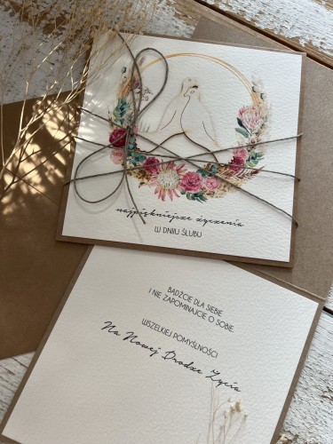 Kartka ślubna handmade boho gołąbki