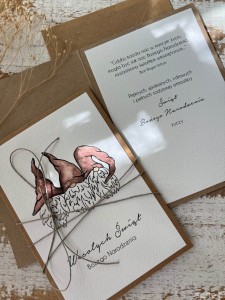 Ręcznie robiona kartka świąteczna ze świątecznymi gnomkami prostokątna