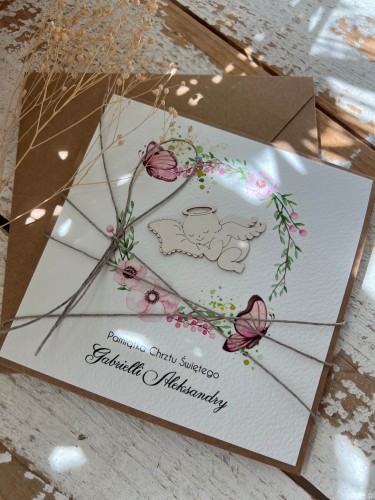 Wyjątkowa personalizowana kartka na chrzest dla dziewczynki - pomysł na prezent na chrzciny - pamiątka chrztu ręcznie robiona od matki chrzestnej, ojca chrzestnego + najpiękniejsze życzenia