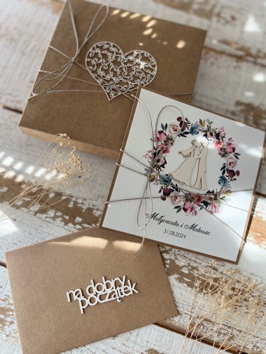 Rustykalna kartka ślubna ręcznie robiona z personalizacją i życzeniami - wianek turkus