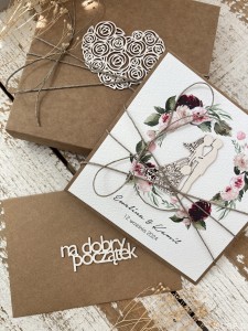 Oryginalna kartka ślubna z pudełkiem z wiankiem boho, pomysł na prezent ślubny + koperta na pieniądze Joasia i Patryk