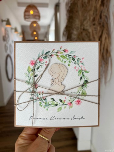 Wyjątkowa kartka komunijna ręcznie robiona pamiątka komunii - prezent dla dziewczynki + gotowe najpiękniejsze życzenia komunijne