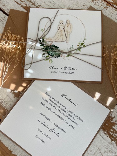 Rustykalna kartka ślubna ręcznie robiona w kopercie z parą młodą w wianku