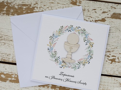 Białe eleganckie zaproszenia komunijne z personalizacją