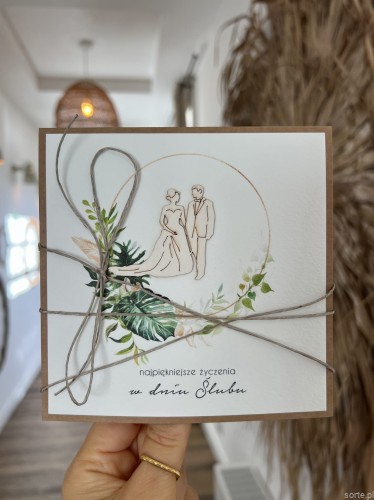 Ręcznie robiona kartka na ślub - ślubna z życzeniami monstera Młoda Para