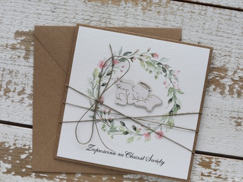 Ręcznie robione zaproszenia na chrzest dla dziewczynki z aniołkiem eko