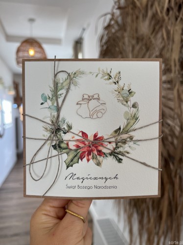 Wyjątkowa stylowa kartka ekologiczna świąteczna + najpiękniejsze życzenia na Boże Narodzenie  świąteczny wianek + świ apteczne dzwonki - oferta dla firm