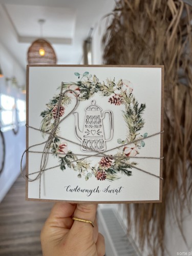 Wyjątkowa stylowa kartka ekologiczna świąteczna + najpiękniejsze życzenia na Boże Narodzenie świąteczny wianek i imbryk