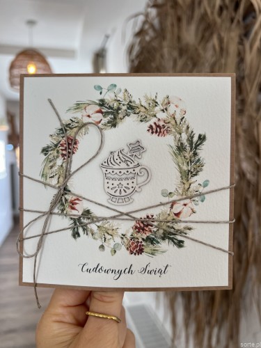 Wyjątkowa stylowa kartka ekologiczna świąteczna + najpiękniejsze życzenia na Boże Narodzenie  świąteczny wianek, deser