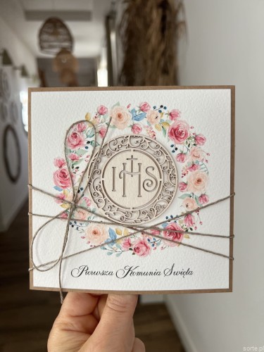 Najpiękniejsza ręcznie robiona kartka komunijna, prezent na komunię - pamiątka komunii + najpiękniejsze życzenia dla dziewczynki, chłopca od matki chrzestnej, ojca chrzestnego, dziadków