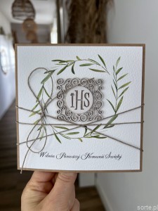 Rustykalna kartka komunijna - Pierwsza Komunia Święta piękne życzenia