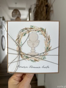 Najpiękniejsza ręcznie robiona kartka komunijna, prezent na komunię - pamiątka komunii + najpiękniejsze życzenia dla dziewczynki, chłopca od matki chrzestnej, ojca chrzestnego, dziadków
