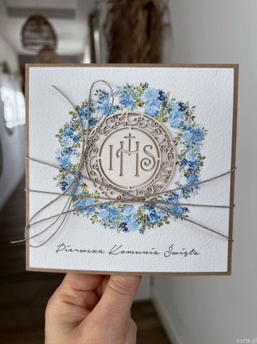 Ręcznie robiona kartka na komunię z życzeniami dla chłopca - komunijna hostia