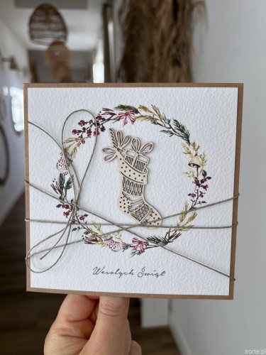 Wyjątkowa stylowa kartka ekologiczna świąteczna + najpiękniejsze życzenia na Boże Narodzenie  świąteczny wianek + świąteczna skarpeta