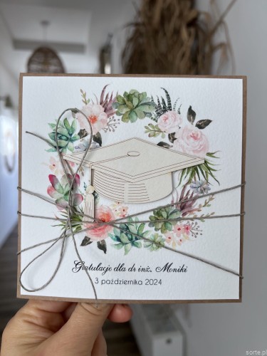 Personalizowana ręcznie robiona kartka gratulacje z okazji uzyskania absolutorium obrony pracy licencjackiej, magisterskiej, doktorskiej