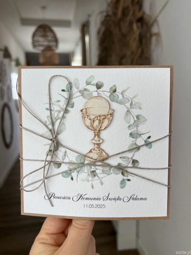 Kartka komunijna ręcznie robiona z imieniem od matki chrzestnej, ojca chrzestnego, babci, dziadka - pamiątka komunii - prezent na komunię - przepiękne życzenia komunijne do serca