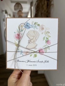 Wyjątkowa kartka komunijna ręcznie robiona pamiątka komunii z imieniem - prezent dla dziewczynki + najpiękniejsze życzenia komunijne 