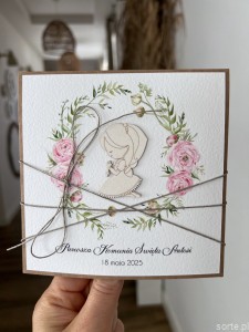 Oryginalna ręcznie robiona kartka komunijna z personalizacją i życzeniami