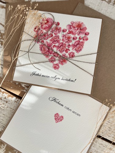 Wyjątkowa ręcznie robiona kartka prezent na walentynki, walentynkowa - walentynka z sercem z napisem Jesteś moim całym światem (z)