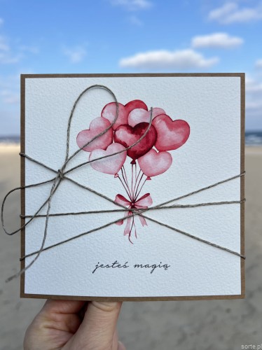 Wyjątkowa ręcznie robiona kartka na walentynki - walentynka z sercem z balonami - jesteś magią (p)