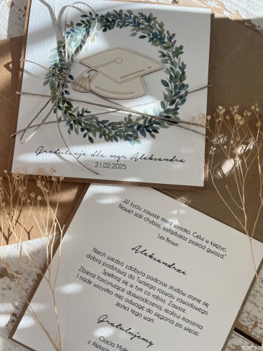 Personalizowana ręcznie robiona kartka gratulacje z okazji uzyskania absolutorium obrony pracy licencjackiej, magisterskiej, doktorskiej , dyplomatorium - biret