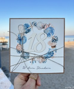 Wyjątkowa ręcznie robiona kartka na 18-ste urodziny, osiemnastka, pomysł na prezent na osiemnastkę muszelki - dla żeglarza