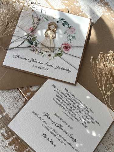 Kartka komunijna ręcznie robiona z imieniem od matki chrzestnej, ojca chrzestnego - pamiątka komunii - prezent na komunię - przepiękne życzenia komunijne do serca
