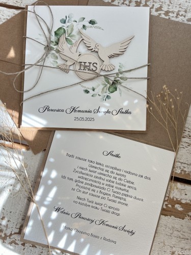 Kartka komunijna ręcznie robiona z imieniem od matki chrzestnej, ojca chrzestnego, babci, dziadka - pamiątka komunii - prezent na komunię od rodziców - przepiękne życzenia komunijne do serca