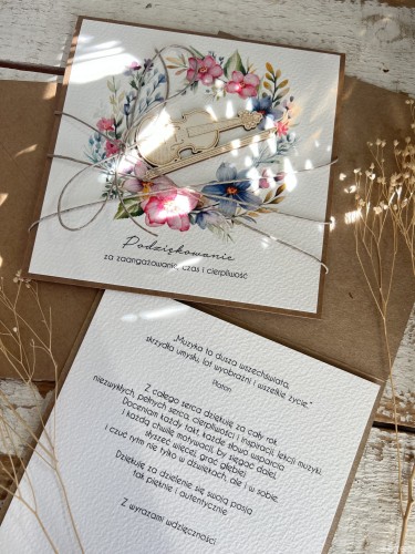 Kartka ręcznie robiona skrzypce - Podziękowanie za dodatkowe lekcje muzyki na zakończenie roku szkolnego dla pani z muzyki - dla nauczyciela