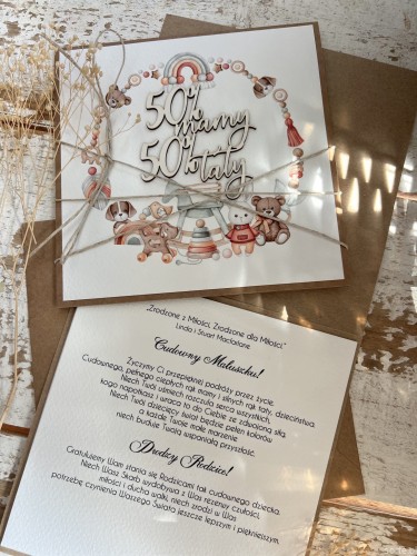 Ręcznie robiona kartka na narodziny dziecka - gratulacje 50% mamy 50% taty