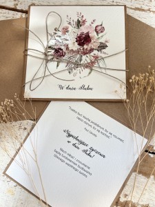 Ręcznie robiona kartka ślubna z nadrukiem - bukiet boho 