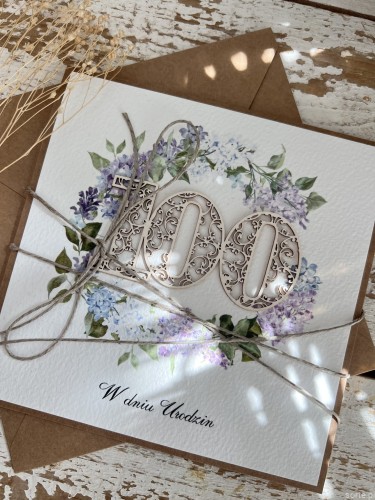 Kartka ręcznie robiona urodzinowa na 100 urodziny prezent - lilak, bez