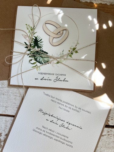 Ręcznie robiona kartka na ślub - ślubna z życzeniami monstera obrączki