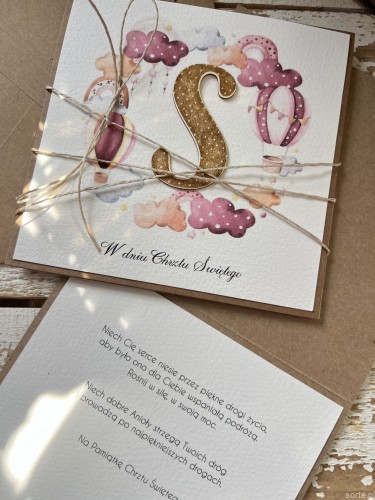 Wyjątkowa ręcznie robiona kartka na chrzest od matki chrzestnej, ojca, dziadków + najpiękniejsze życzenia od serca dla chłopca - pamiątka chrztu z literką S