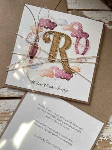 Wyjątkowa ręcznie robiona kartka na chrzest od matki chrzestnej, ojca, dziadków + najpiękniejsze życzenia od serca dla chłopca - pamiątka chrztu z literką R