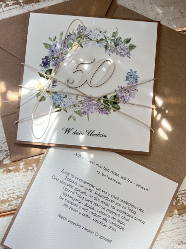 Wyjątkowa kartka ręcznie robiona na 50 urodziny życzenia bez, lilak