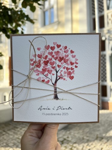 Personalizowana kartka ślubna ręcznie robiona, życzenia na ślub - drzewo serc