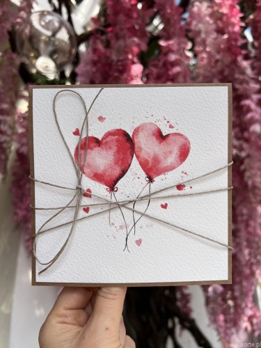Wyjątkowa ręcznie robiona kartka na walentynki - walentynka z sercem z balonami (p)