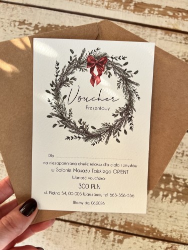 Personalizowany voucher podarunkowy na Boże Narodzenie, bon prezentowy, zaproszenie na masaż - kartka ręcznie robiona z personalizacją
