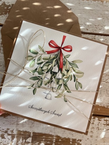 Kartka świąteczna ręcznie robiona z jemiołą na Boże Narodzenie - jemioła