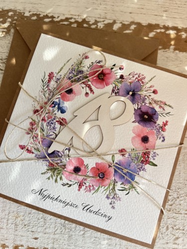 Wyjątkowa ręcznie robiona kartka na 18-ste urodziny, osiemnastka, pomysł na prezent życzenia na osiemnastkę dla dziewczyny od matki chrzestnej